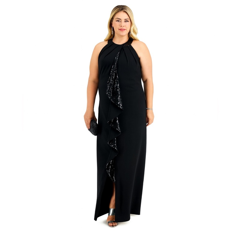 SLNY Black Sequin Halter Flounce Dress Size 18W New